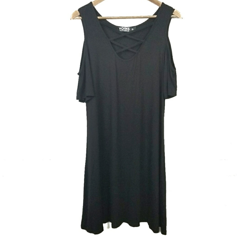 Womens Black Cold Shoulder Dress Size M Lattice Neck Detail Midi Short Sleeve